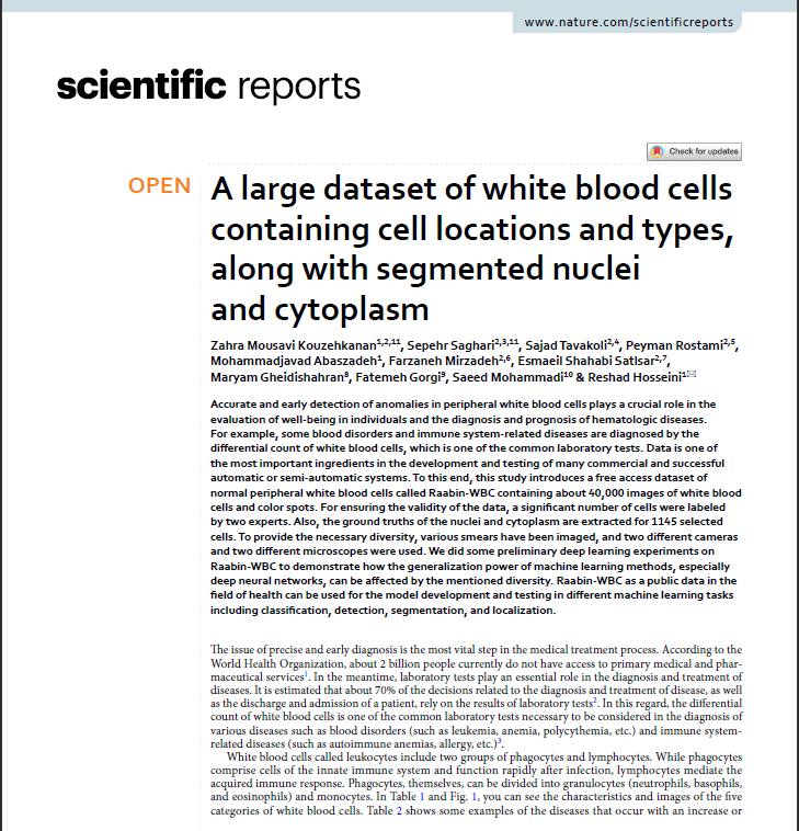 A large dataset of white blood cells containing cell locations and types, along with segmented nuclei and cytoplasm